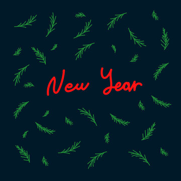 New year's card with lettering in a circle of green Christmas trees. Children's illustration with New year lettering, for Christmas cards. Drawn in the Doodle style. Happy new year 2021. Vector