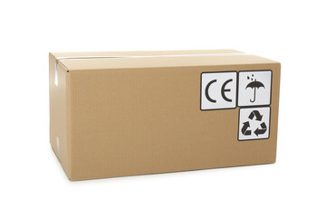 Canvas Print - Cardboard box with different packaging symbols isolated on white. Parcel delivery