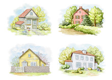Set With Summer Landscape With Country Houses And Trees Isolated On White Background. Watercolor Hand Drawn Illustration