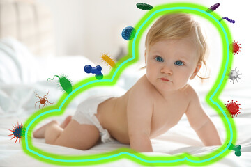 strong immunity as shield protecting little baby from viruses and bacteria, illustration