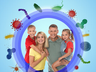 Strong immunity - healthy family. Happy parents with children protected from viruses and bacteria, illustration