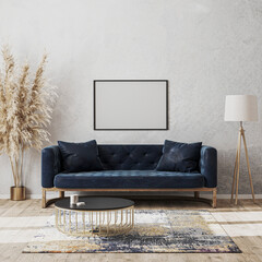 Blank horizontal frame mock up on wall in modern living room luxury interior design with dark blue sofa, decorative rug, floor lamp and stylish decoration, 3d rendering