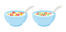 Cereal Milk Breakfast Vector. Rolled Oats Bowl, Colorful Crisp, Sweet Flakes With Strawberry. Healthy Food Illustration