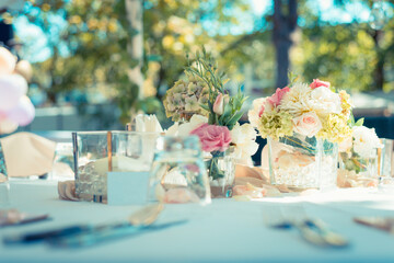 Restaurant table decorated for wedding