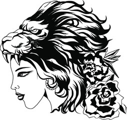 Wall Mural - Native American girl with Wolf headdress full color.Tattoo Women set. Isolated flash of classic women tattoo vectors.Native American girl with Tiger headdress Lineart old school tattoo