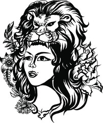 Wall Mural - Native American girl with Wolf headdress full color.Tattoo Women set. Isolated flash of classic women tattoo vectors.Native American girl with Tiger headdress Lineart old school tattoo