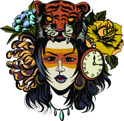 Wall Mural - Neo Traditional Tattoo style, Native American girl with Tiger headdress Lineart old school tattoo