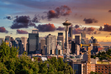 Seattle City Skyline, Washington, United States of America. Modern American City on the West Coast during a Sunny and Cloudy Sunset. Artistic Render