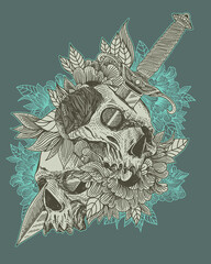 Sticker - Skull with flora ornament. Halloween concept. Dark tattoo
