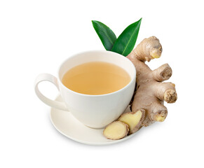 ginger tea in glass cup and leaves isolated on white background