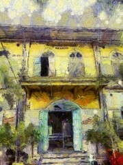 Ancient buildings in european architecture in bangkok Illustrations creates an impressionist style of painting.