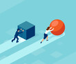 Vector of a smart businessman pushing a sphere leading the race against a group of slower businessmen pushing boxes.