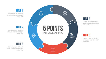 Poster - 5 points circle infographic element vector with puzzle, can be used for workflow, steps, options, list, processes, presentation slide, report, etc.