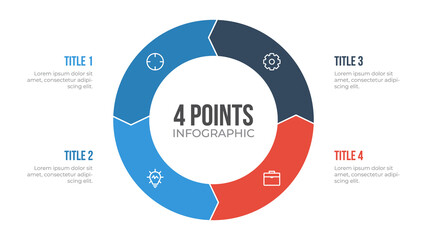 Wall Mural - 4 points circle infographic element vector with arrows, can be used for workflow, steps, options, list, processes, presentation slide, report, etc.