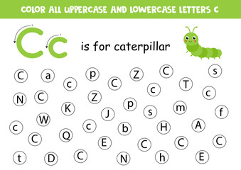 Find and color all letters C. Alphabet games for kids.