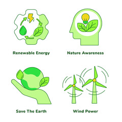 Wall Mural - Ecology set collection renewable energy nature awareness save the earth wind power white isolated background with green theme flat outline style