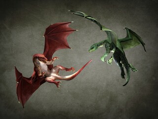 Wall Mural - Two fabulous flying dragons. 3d illustration