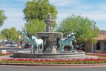 A Bronze Horse Fountain Situated In A Central Square In Old Town Scottsdale, Arizona.