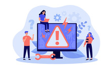 System Error Concept. Upset Tiny People Standing At Computer With Warning Symbol On Monitor. Vector Illustration For Page Not Found Or Computer Breakdown Topics
