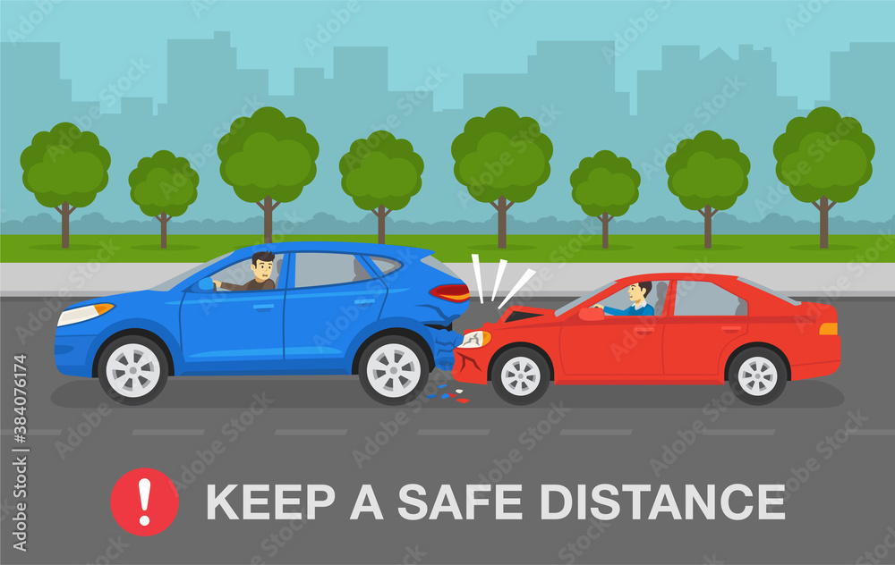 Modern red sedan car and blue suv car accident. Keep a safe distance on ...