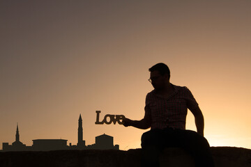 Wall Mural - man in front of boston city skyline