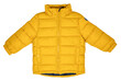 Down jacket for children. Stylish, yellow, warm winter jacket for children with removable hood, isolated on a white background. Winter fashion.
