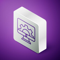 Isometric line Software, web development, programming concept icon isolated on purple background. Programming language and program code on screen monitor. Silver square button. Vector.