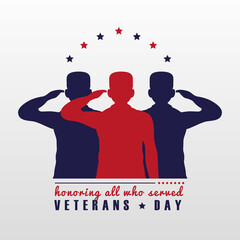 Poster - happy veterans day lettering with saluting soldiers silhouettes