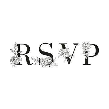Lettering of RSVP. Inscription for Greeting card design. For wedding templates with uppercase letters decorated with peonies flowers and leaves. Floral design. Black and white colors.