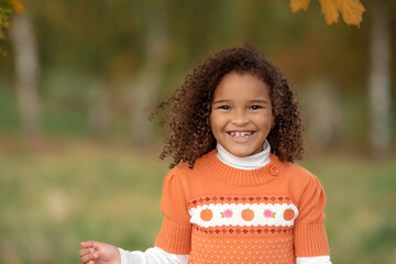 Wall Mural - Adorable little girl outdoors at beautiful autumn day