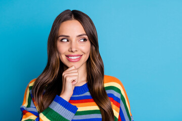 Sticker - Close-up portrait of her she nice-looking attractive lovely cute cheerful smart clever brown-haired lady creating making new decision isolated bright vivid shine vibrant blue color background