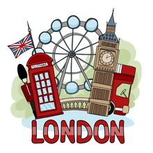 Vector Illustration About Londondepicting London Landmarks: Telephone Box, British Flag, London Eye, London Famous Bus. Image In Cartoon Hand-drawn Style For Print And Digital Use.
