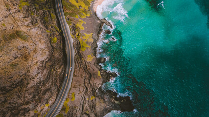 Aerial Road by the sea, East Oahu coast, Hawaii. Kalanianaʻole Hwy. Makapuu beach, Makapuʻu Point (also Makapuu Point) is the easternmost point on the Hawaiian island of Oʻahu,