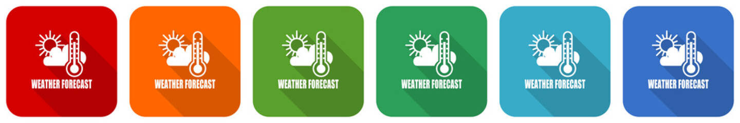 Leinwandbilder - Weather forecast icon set, flat design vector illustration in 6 colors options for webdesign and mobile applications