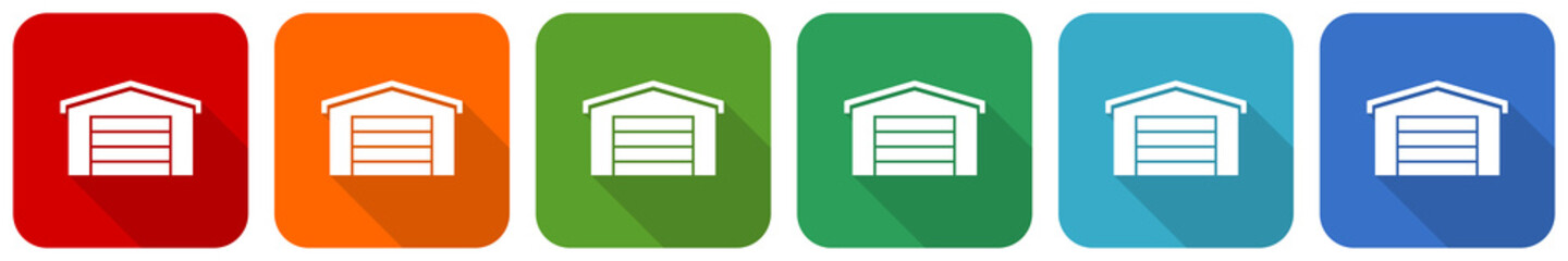 Leinwandbilder - Garage building icon set, flat design vector illustration in 6 colors options for webdesign and mobile applications