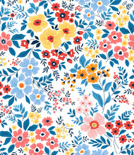 Trendy Seamless Vector Floral Pattern. Seamless Print Made Of Small Multicolored Flowers And Blue Leaves . Summer And Spring Motifs. White Background. Vector Illustration.