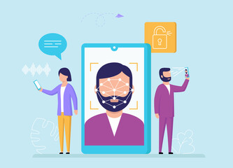 Poster - Face Recognition, Device Unlock Concept. Cartoon Characters Use Face Identificaton On Smartphone Or Tablet To Get Access To Text Or Voice Messages And Other Functions. Flat Style Vector Illustration