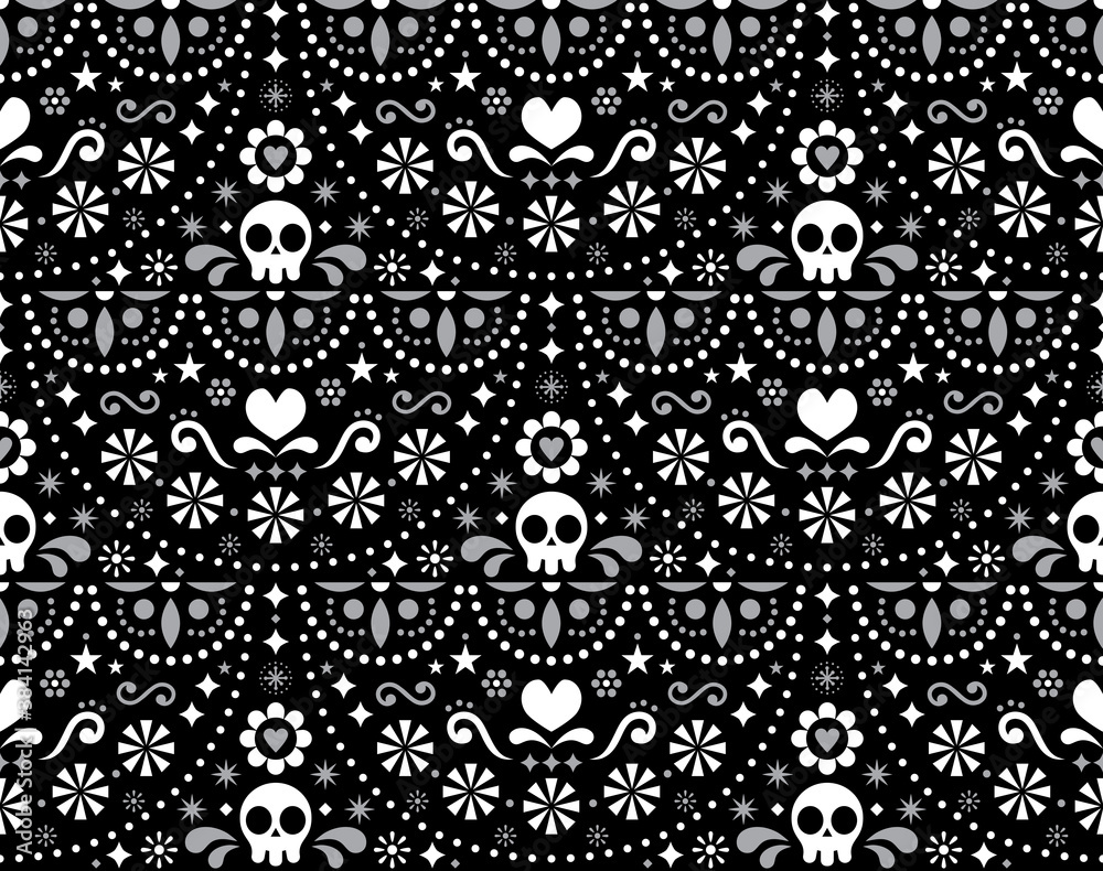 Mexican folk art vector seamless pattern with skulls, Halloween decor ...