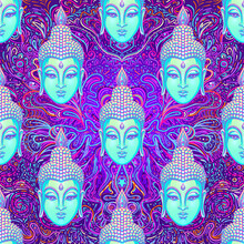Sitting Buddha Over Colorful Neon Background. Seamless Pattern. Vector Illustration. Psychedelic Mushroom Composition. Indian, Buddhism, Spiritual Tattoo, Yoga, Spirituality. 60s Hippie Colorful Art.