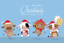 Merry Christmas And Happy New Year 2021. The Year Of The Ox. The Male Cow And Bull Wear Red Winter Costume. Animal Holidays Cartoon Character. -Vector