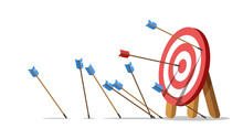 Business Challenge Failure Concept. Lots Arrows Missed Hitting Target Mark And Only One Hits The Center. Shot Miss. Failed Inaccurate Attempts To Hit Archery Target. Vector Illustration.