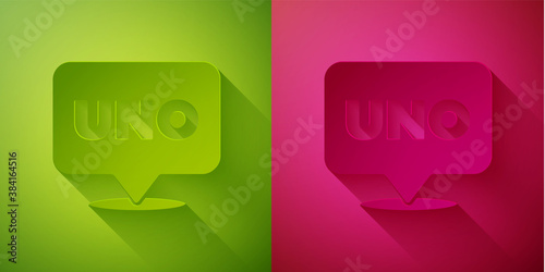 Fotomural Paper cut Uno card game icon isolated on green and pink background