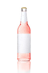 Leinwandbilder - One transparent bottle with blank label. Glass bottle with pink drink covered with water drops.