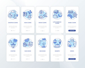 Restaurant menu onboarding mobile app page screen with concepts set. Different kinds of meals. Food variety walkthrough 10 steps graphic instructions. UI vector template with RGB color illustrations