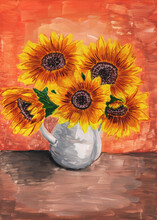 Bouquet Of Sunflowers. Yellow Flowers In A White Vase On The Table. Abstract Background. Gouache Still Life.