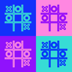 Canvas Print - Pop art line Tic tac toe game icon isolated on color background. Vector.