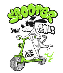 Cartoon dog riding a scooter vector T-Shirt design