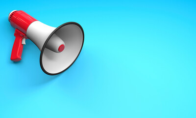 Wall Mural - Red megaphone loudspeaker on a blue background. Copy space for text. 3d render