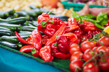 Wall Mural - Large heap of fresh ripe organic pepper on farmer market in Paris