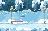 Fototapeta Pokój dzieciecy - Winter park with bench, trees, lanterns and a garland at night. City landscape. Cartoon vector illustration of natural background for poster, banner, card, brochure or cover.